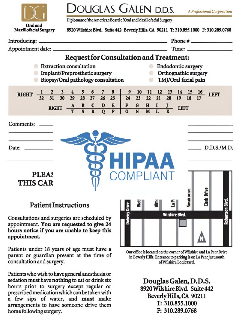 Dental consultation form with HIPAA compliance logo.